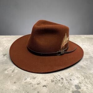 Scala Wool Felt Fedora Brown Wide Brim Feather Band Dorfman Pacific Classico XL